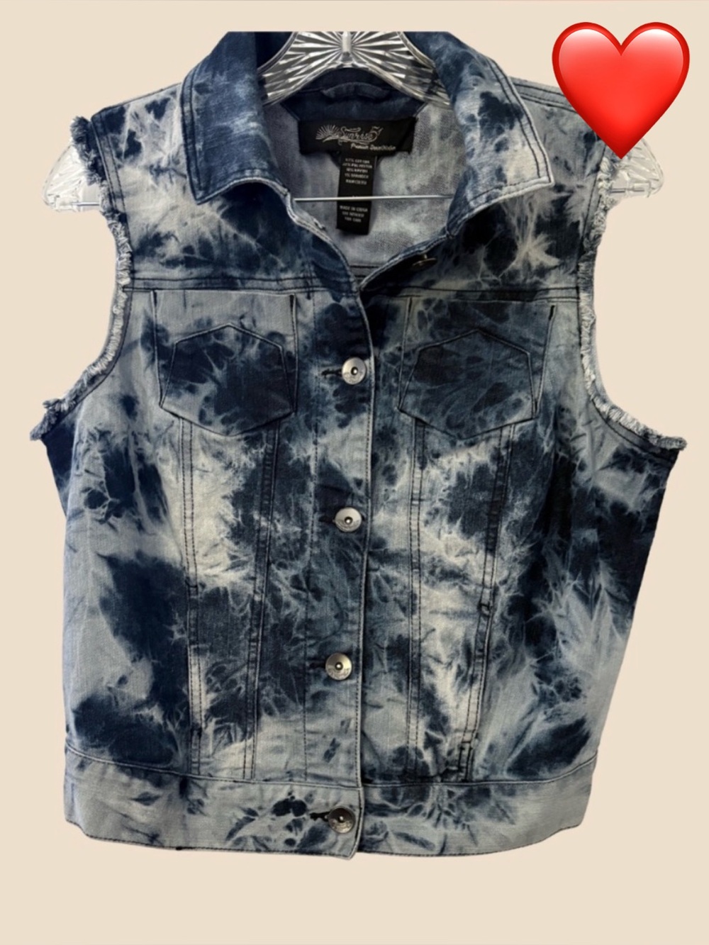 Sunrise Tie-Dye Blue-Gray Denim Vest Raw Hem Utility Pocket Distressed Boho Chic